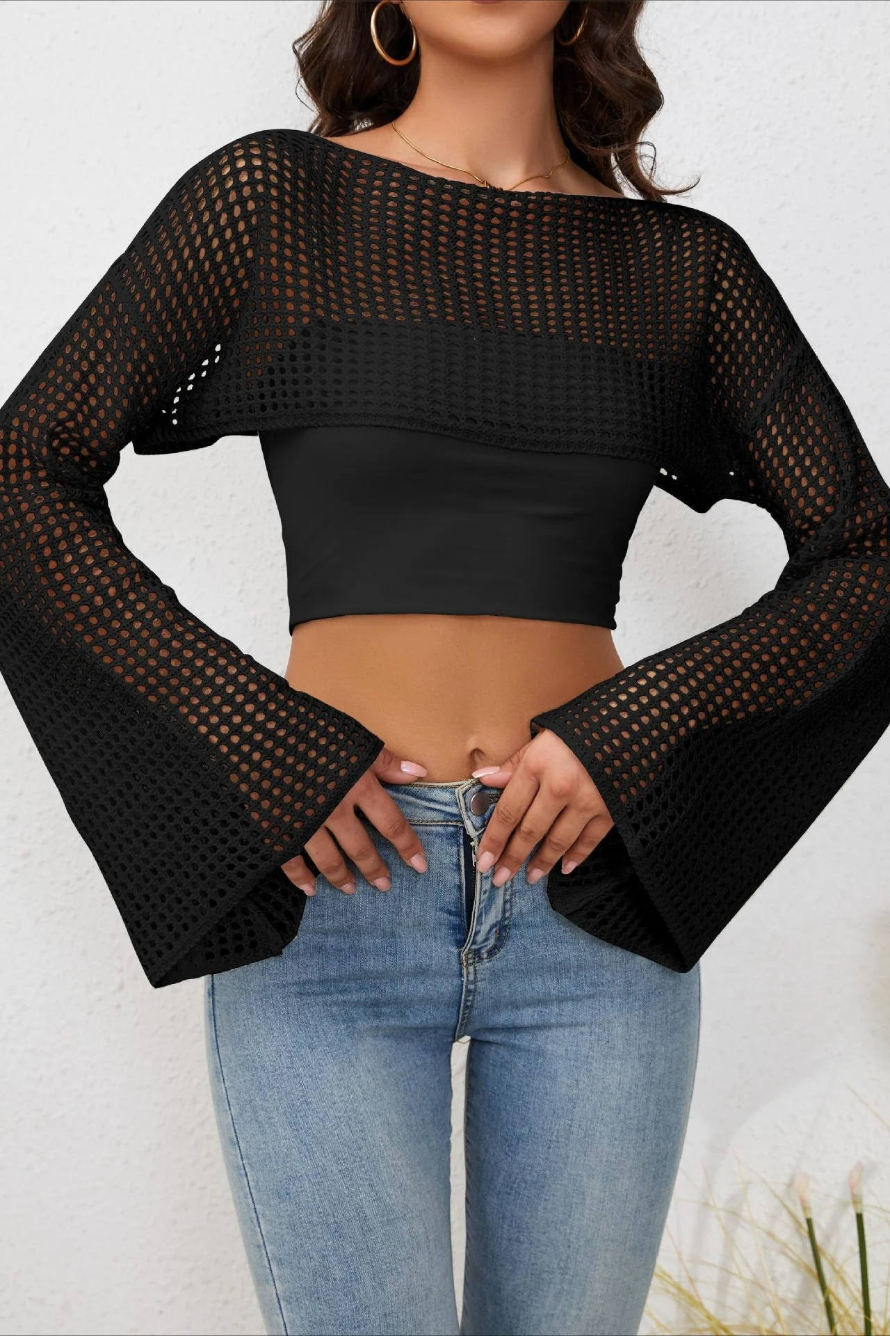 Mesh Cutout Knit Chic Cover Up Crop Top - Image 3