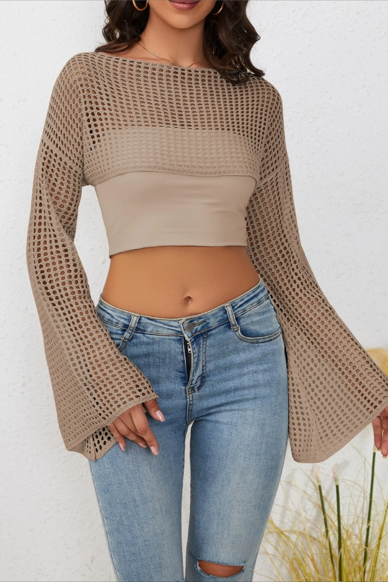 Mesh Cutout Knit Chic Cover Up Crop Top - Image 5