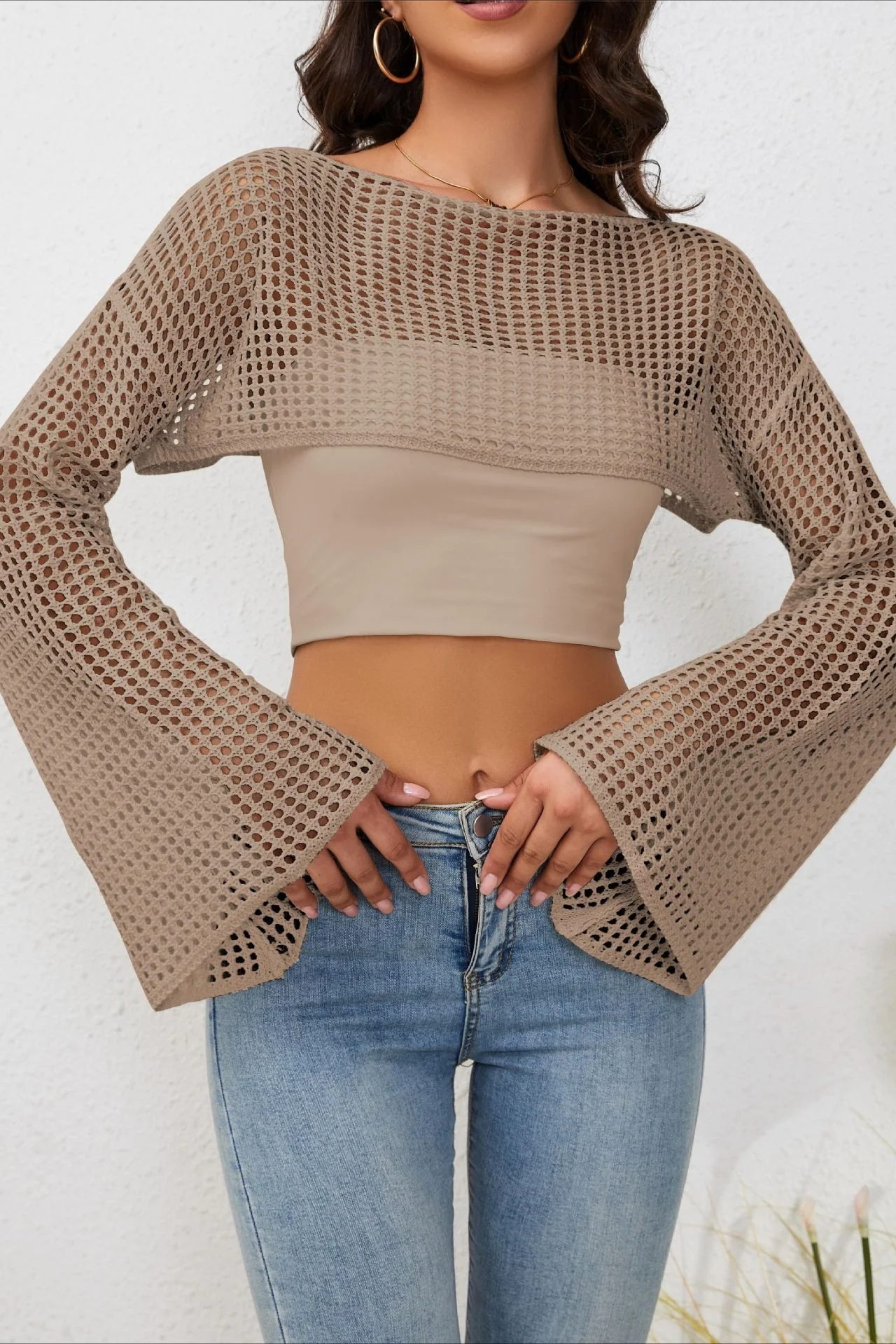 Mesh Cutout Knit Chic Cover Up Crop Top - Image 6