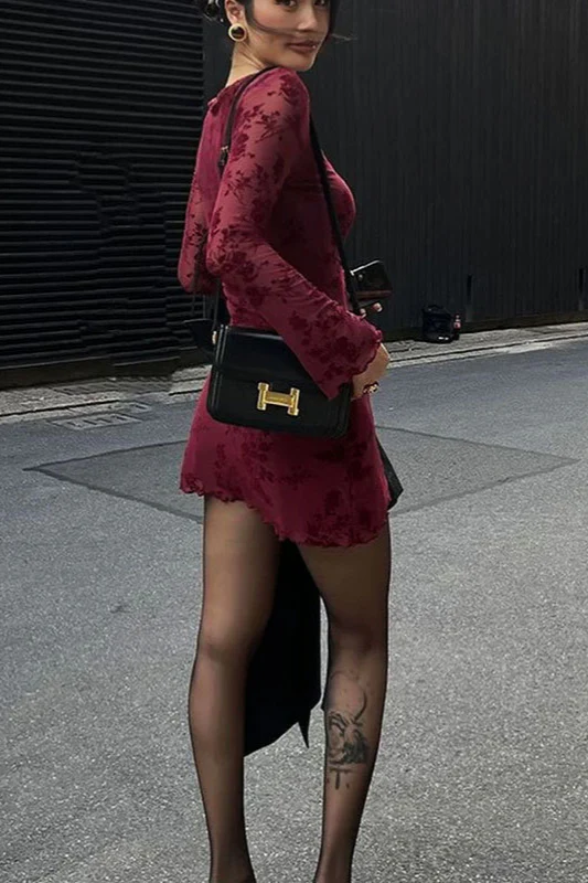 Mesh Floral Long Sleeve Bodycon Dress - Image 5