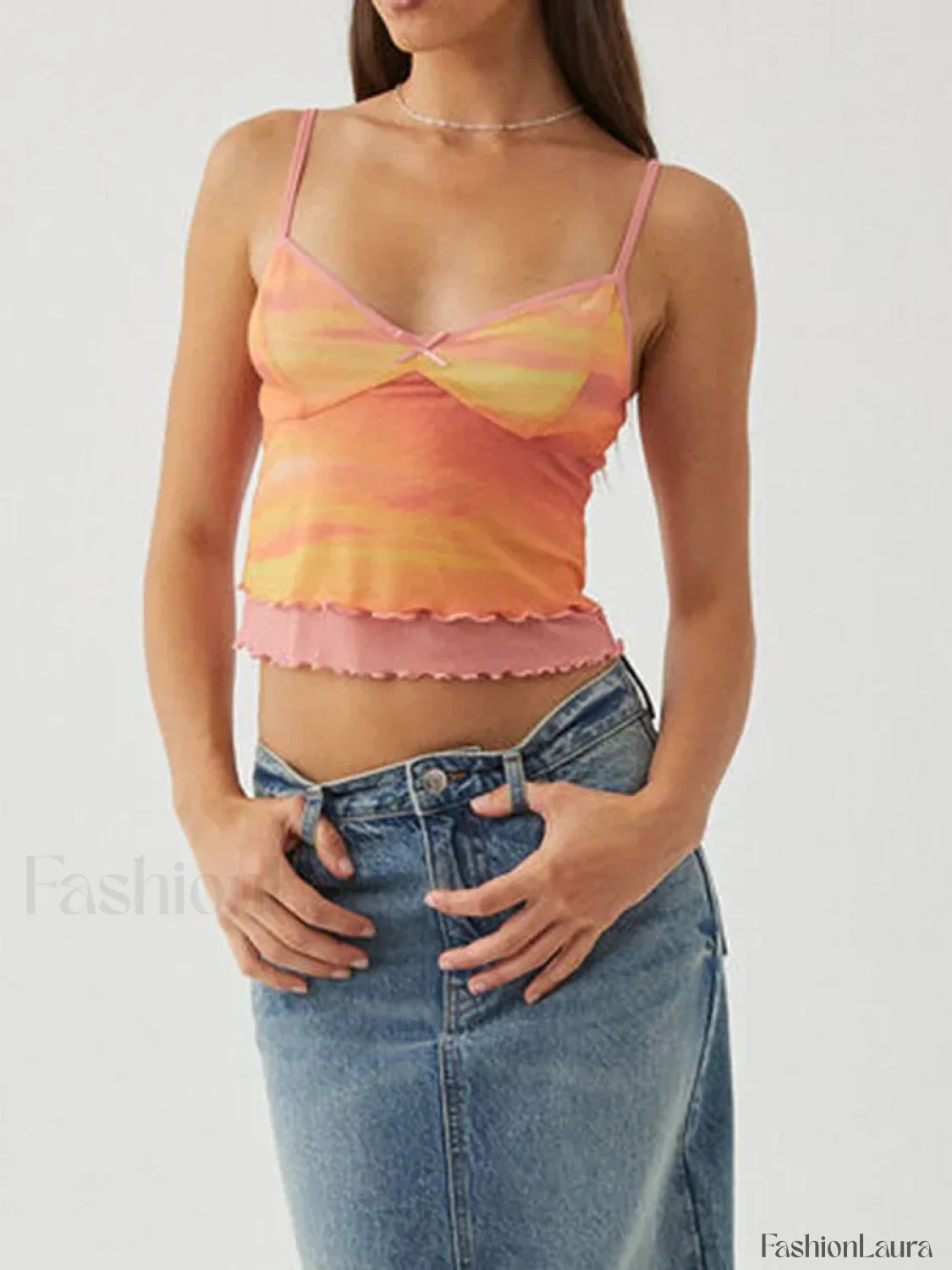 Mesh Graphic Bow Ruffle Crop Top - Image 20