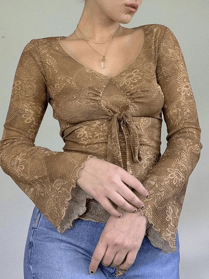 Mesh Lace Up Printed Blouse - Image 10