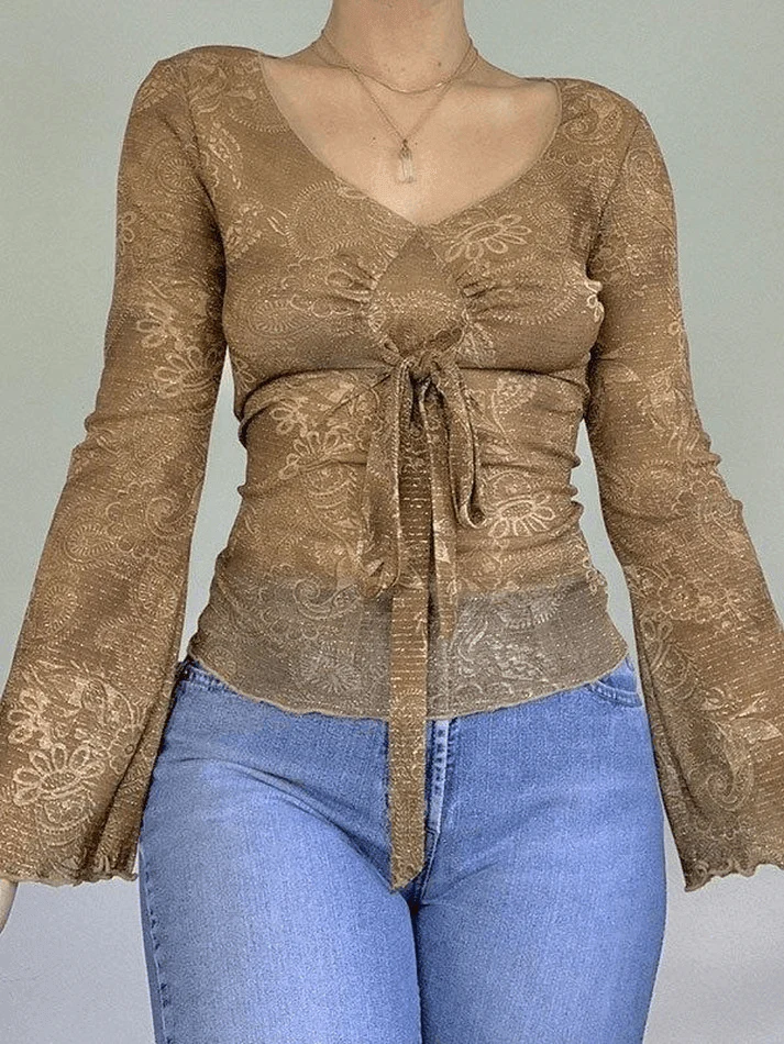 Mesh Lace Up Printed Blouse - Image 14