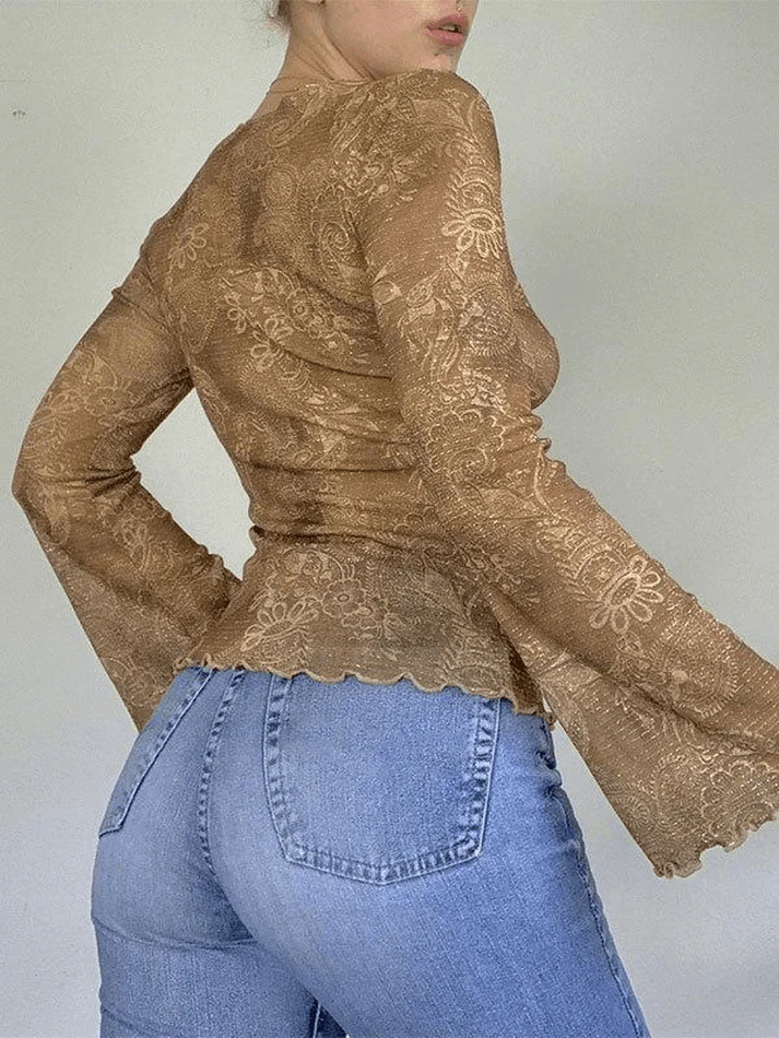 Mesh Lace Up Printed Blouse - Image 9