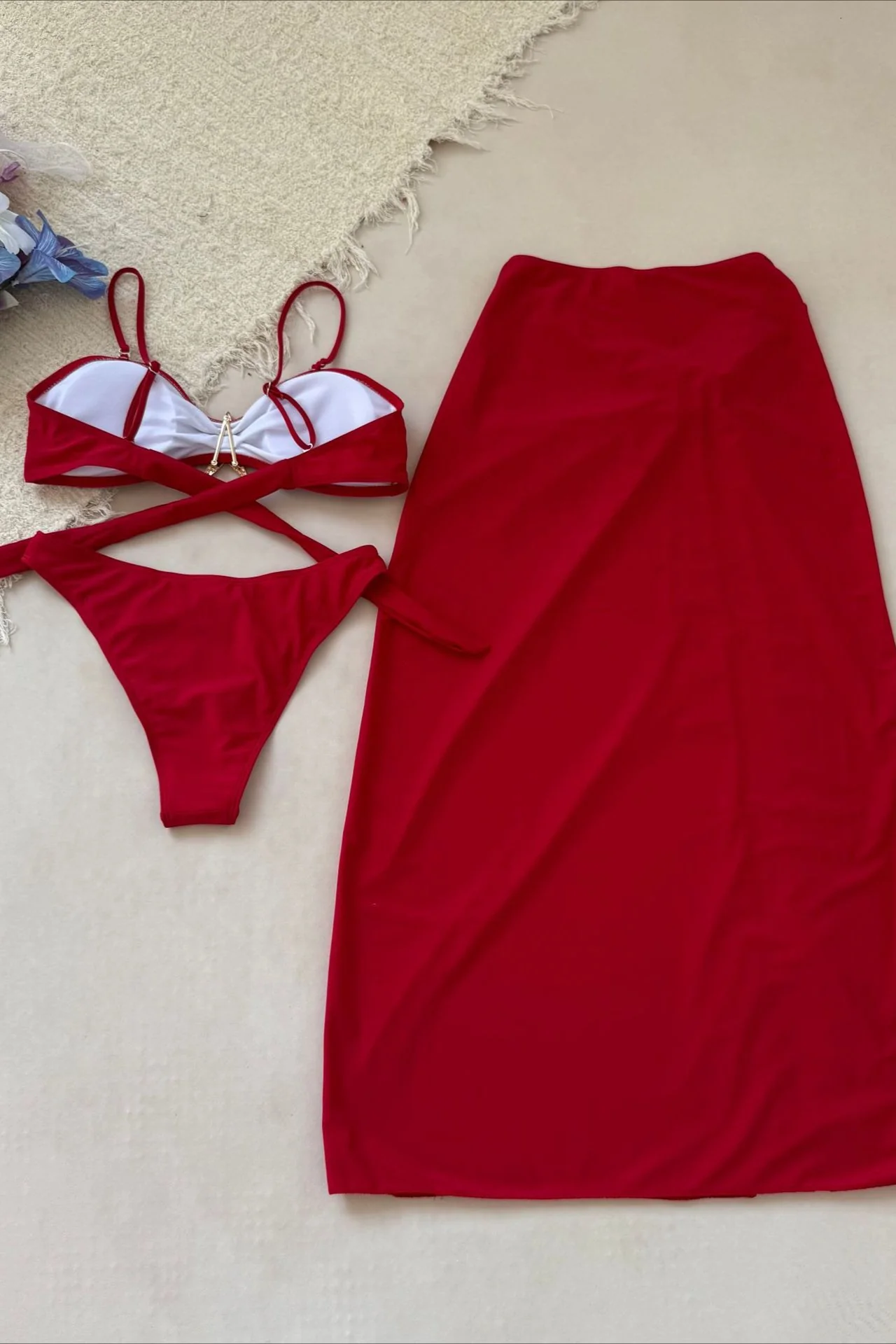 Mesh Long Skirt Beach Three Piece Swim Set - Image 8