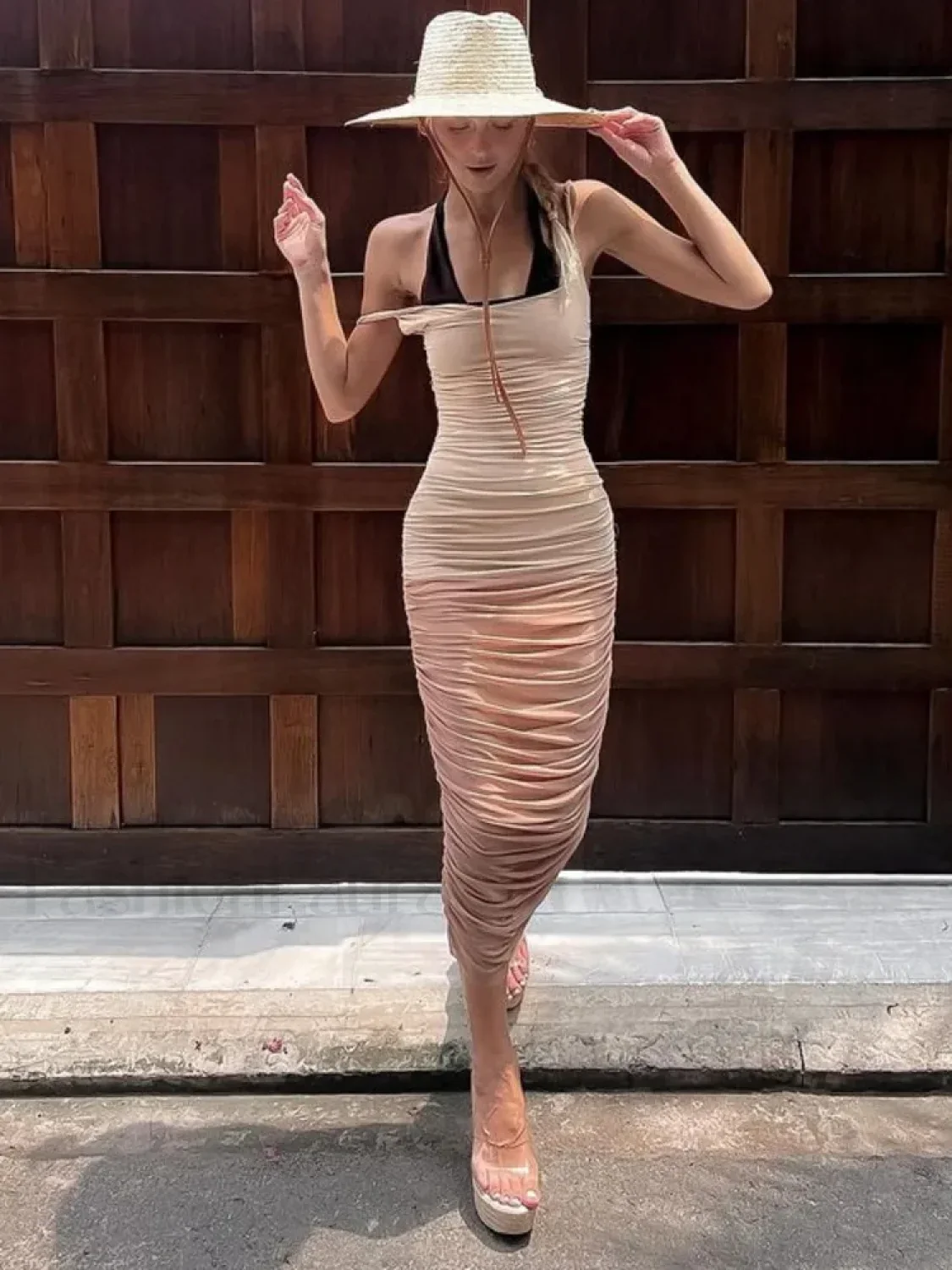 Mesh Patchwork Pleated Midi Dress - Image 6