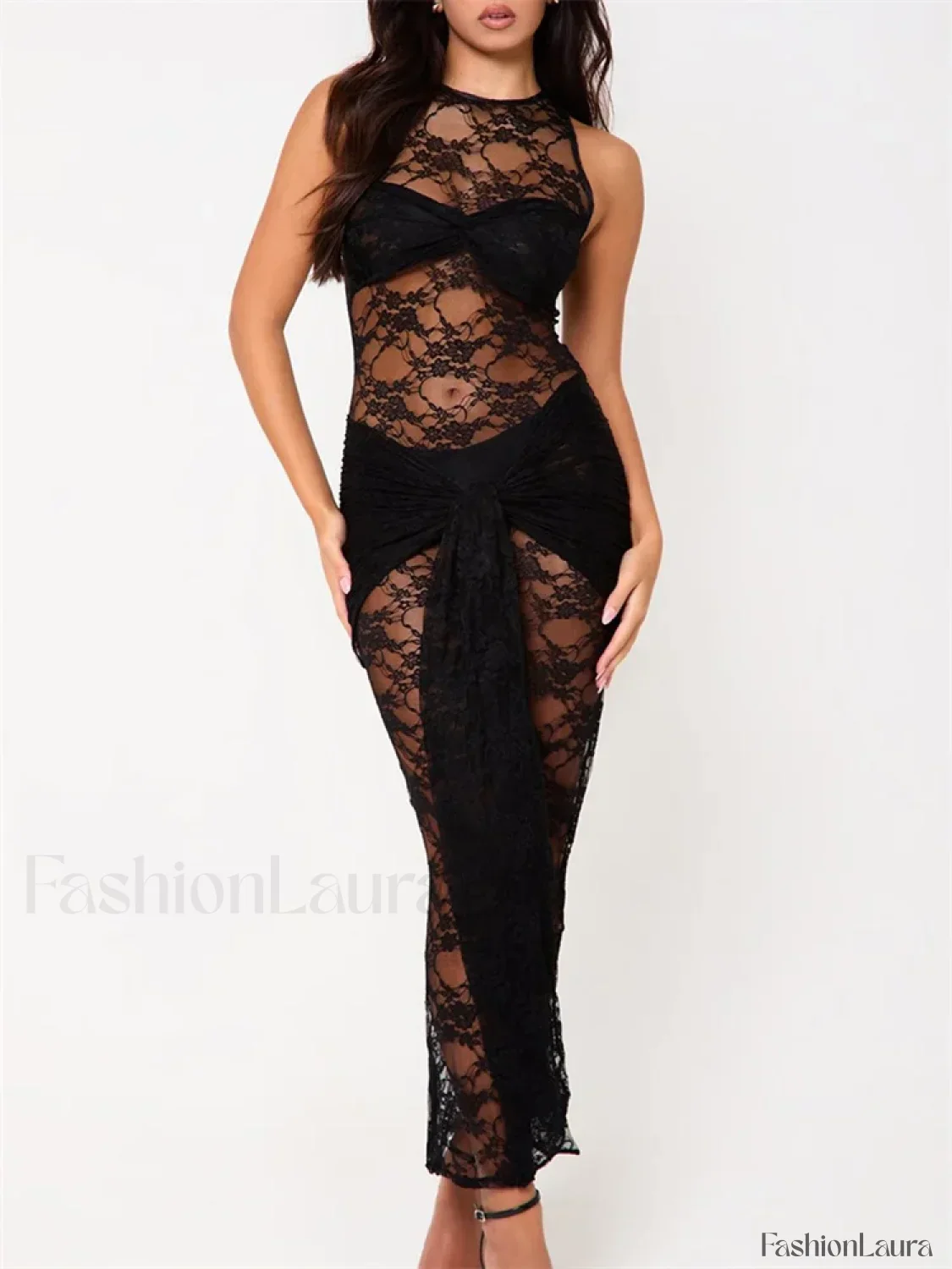 Mesh Sheer Flower Knot Maxi Dress - Image 8