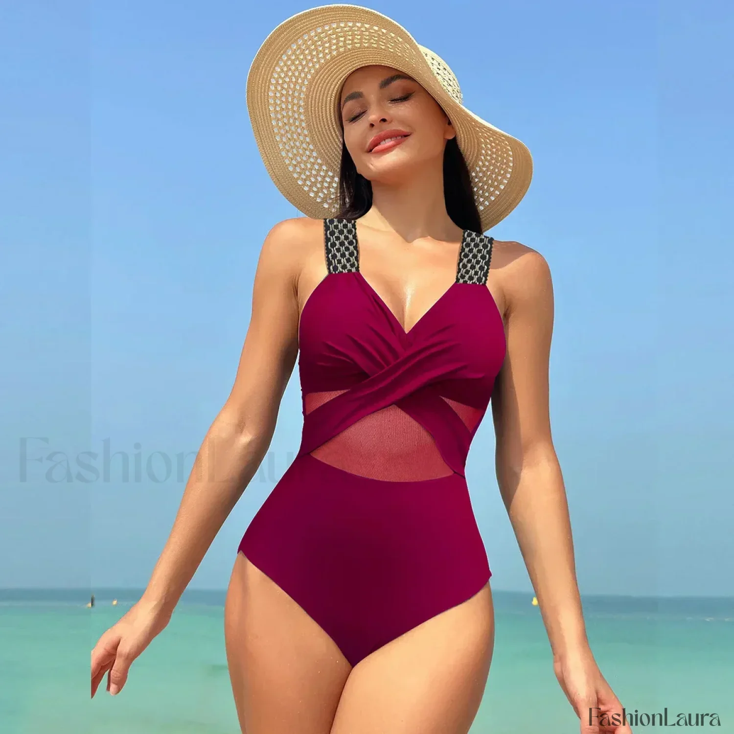 Mesh Spliced Lace Up Backless One Piece - Image 23