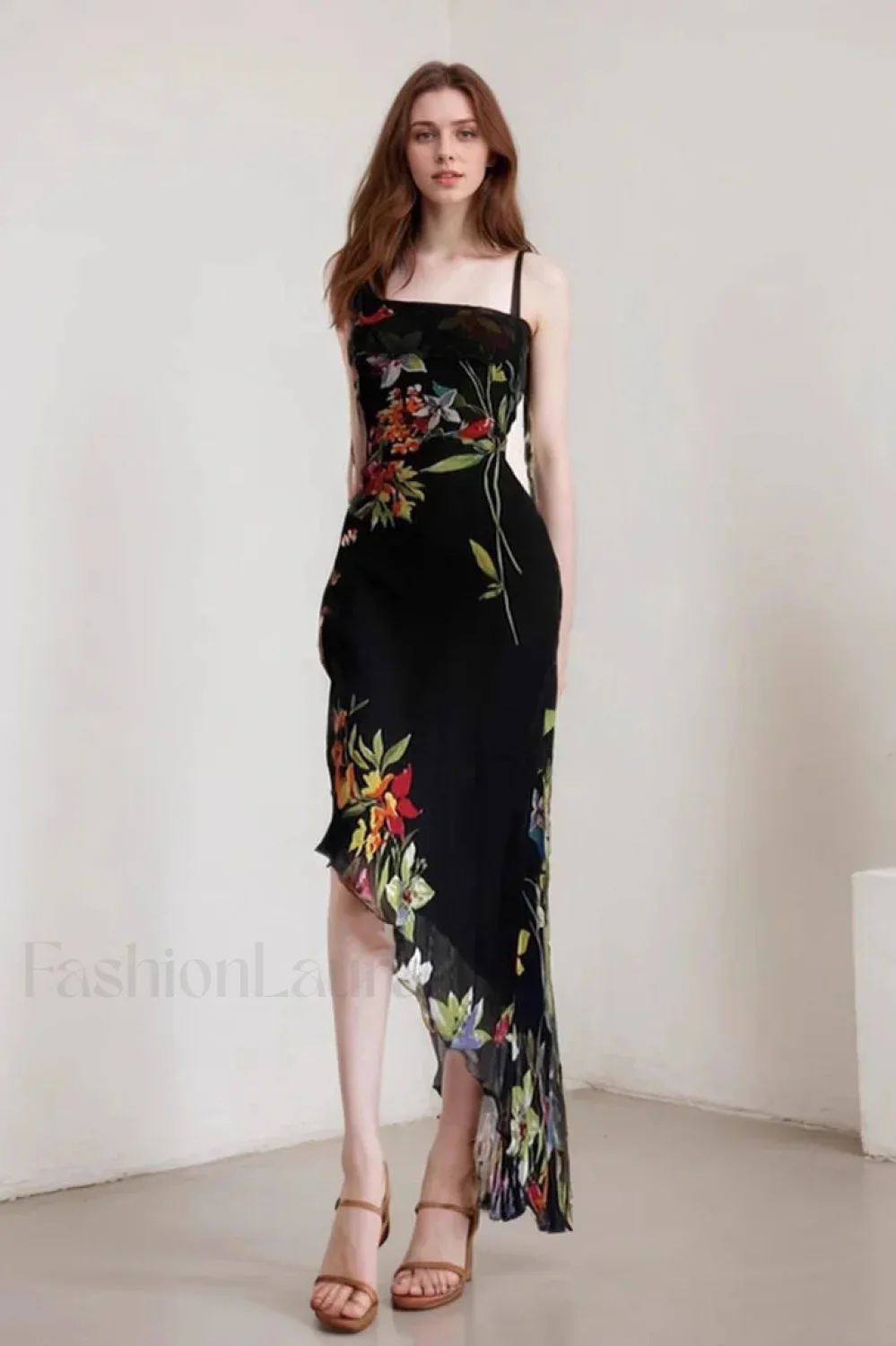Mesh Stitching Irregular Pleated Plant Print Maxi Dress