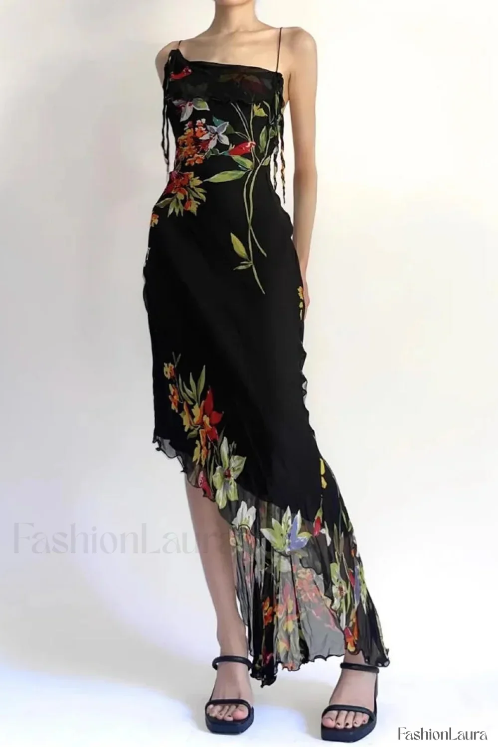 Mesh Stitching Irregular Pleated Plant Print Maxi Dress - Image 11