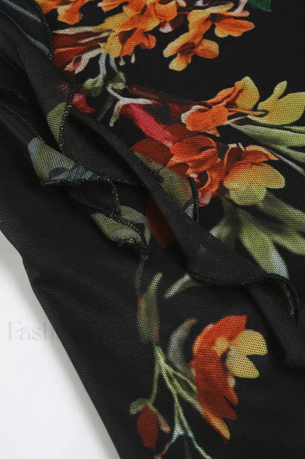 Mesh Stitching Irregular Pleated Plant Print Maxi Dress - Image 6
