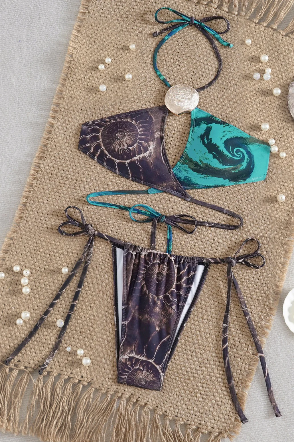Metal Halter Blue Brown Color Block Bikini Set - Image 6