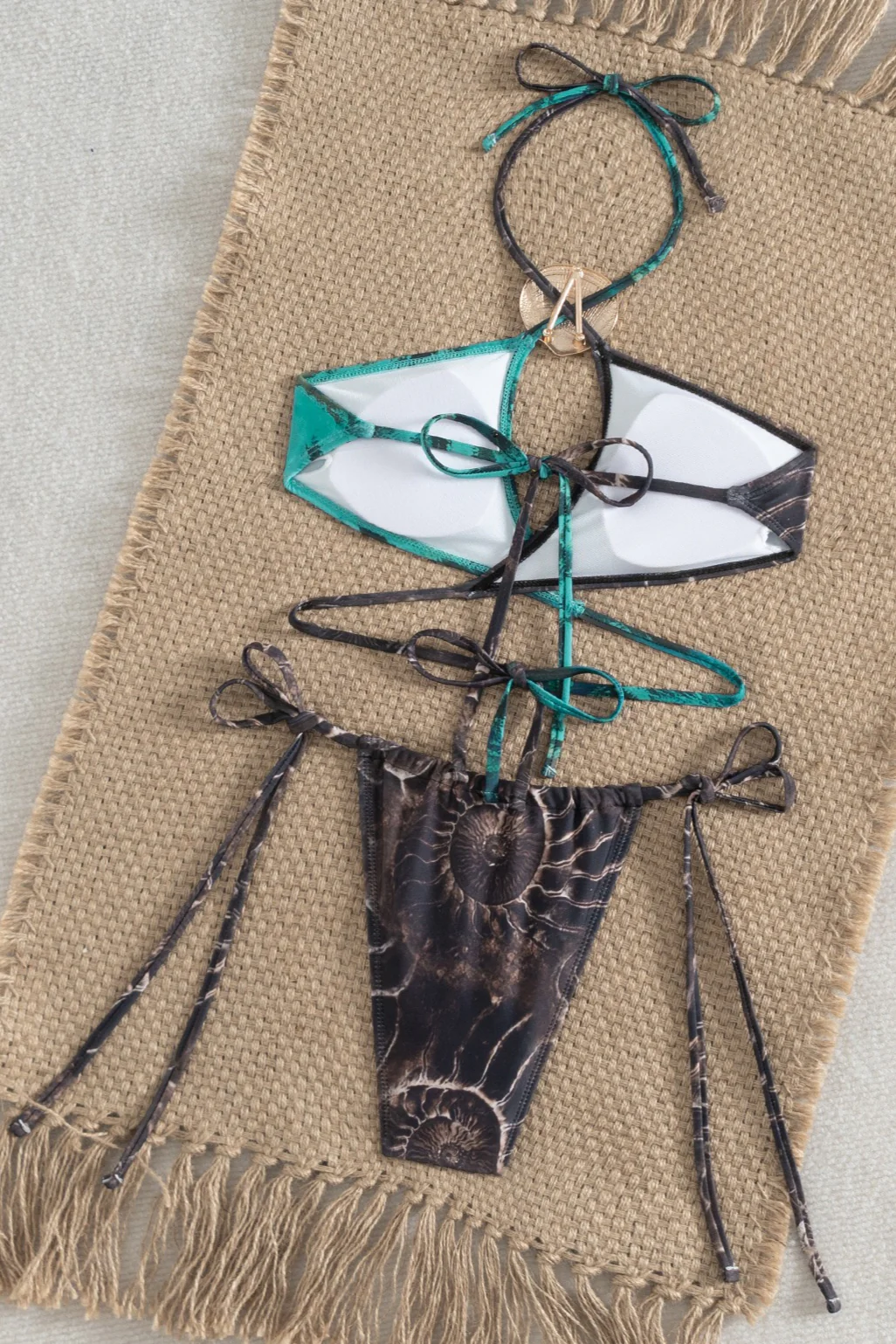 Metal Halter Blue Brown Color Block Bikini Set - Image 7