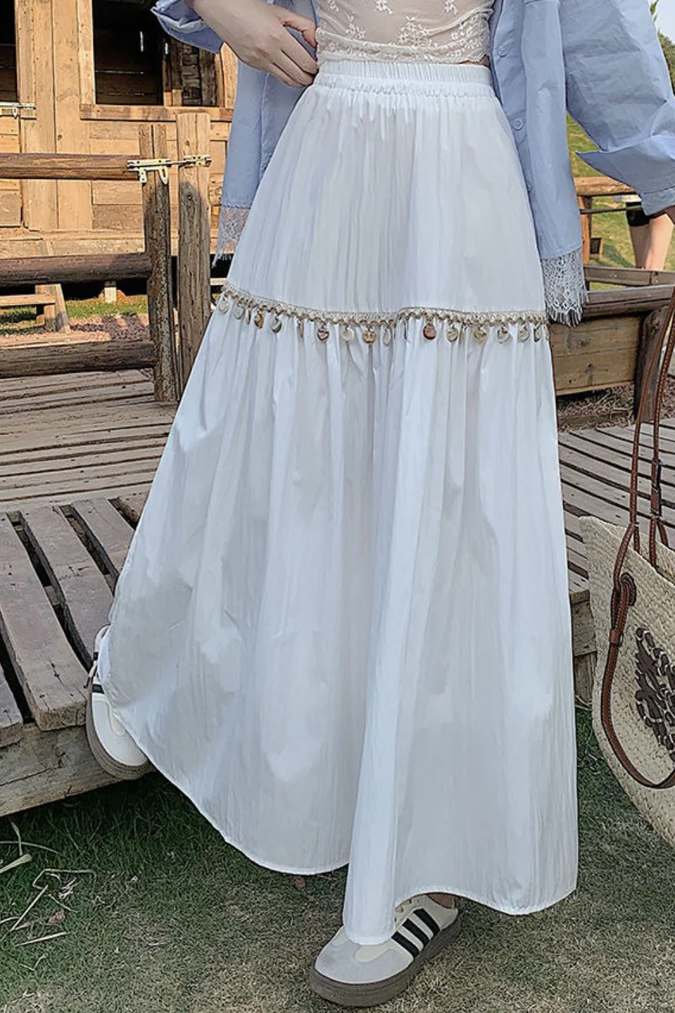 Minimal Shell Detail Fringe Patchwork Boho Skirt - Image 8