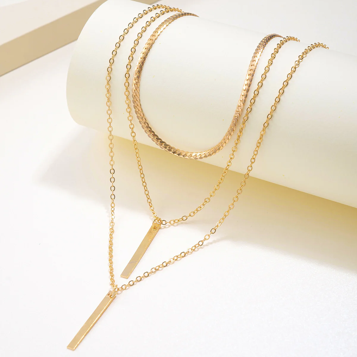 Minimalist Geometric Bar Pendant Layered Chain Necklace - Image 2