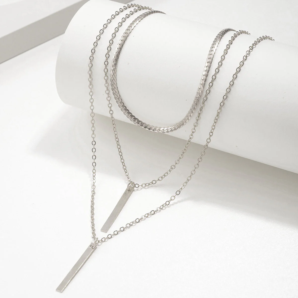 Minimalist Geometric Bar Pendant Layered Chain Necklace - Image 5