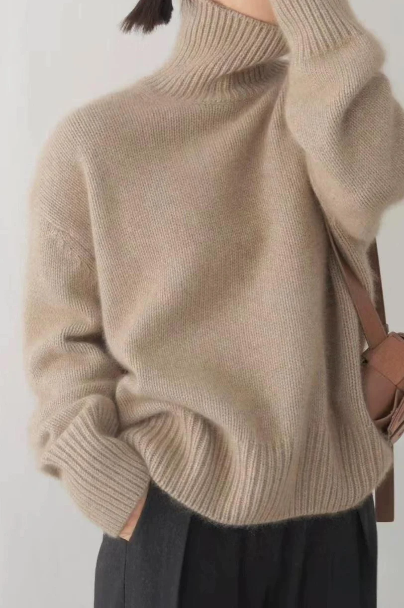 Minimalist Turtleneck Solid Color Loose Fit Knit Sweater - Image 10