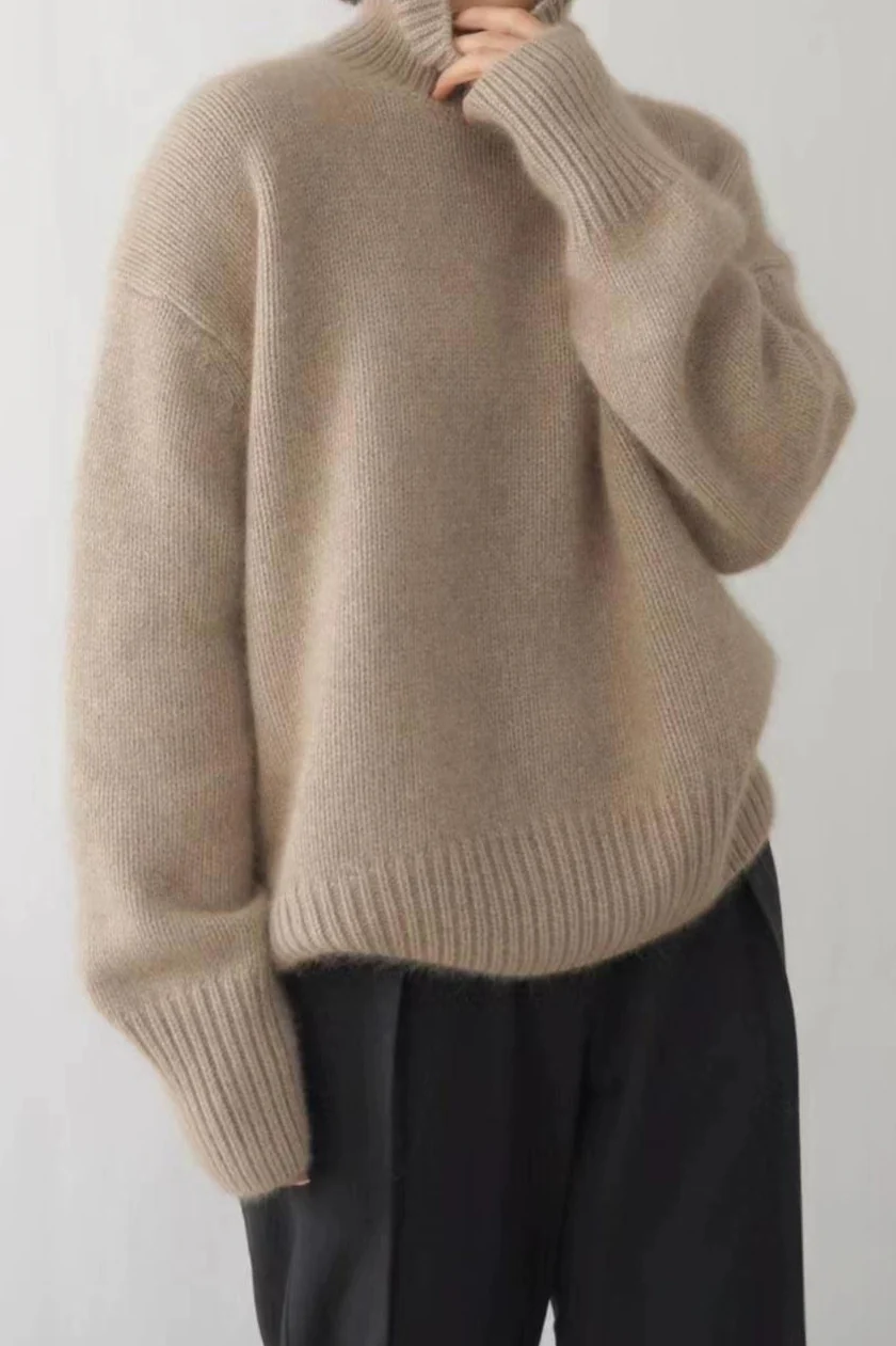 Minimalist Turtleneck Solid Color Loose Fit Knit Sweater - Image 11