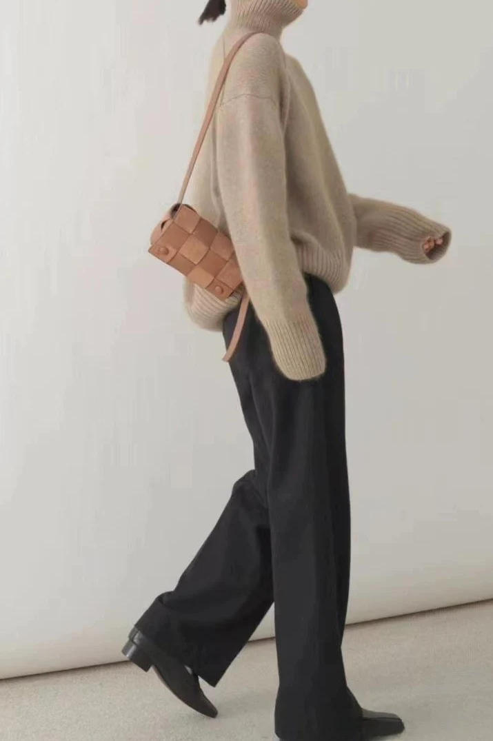 Minimalist Turtleneck Solid Color Loose Fit Knit Sweater - Image 12