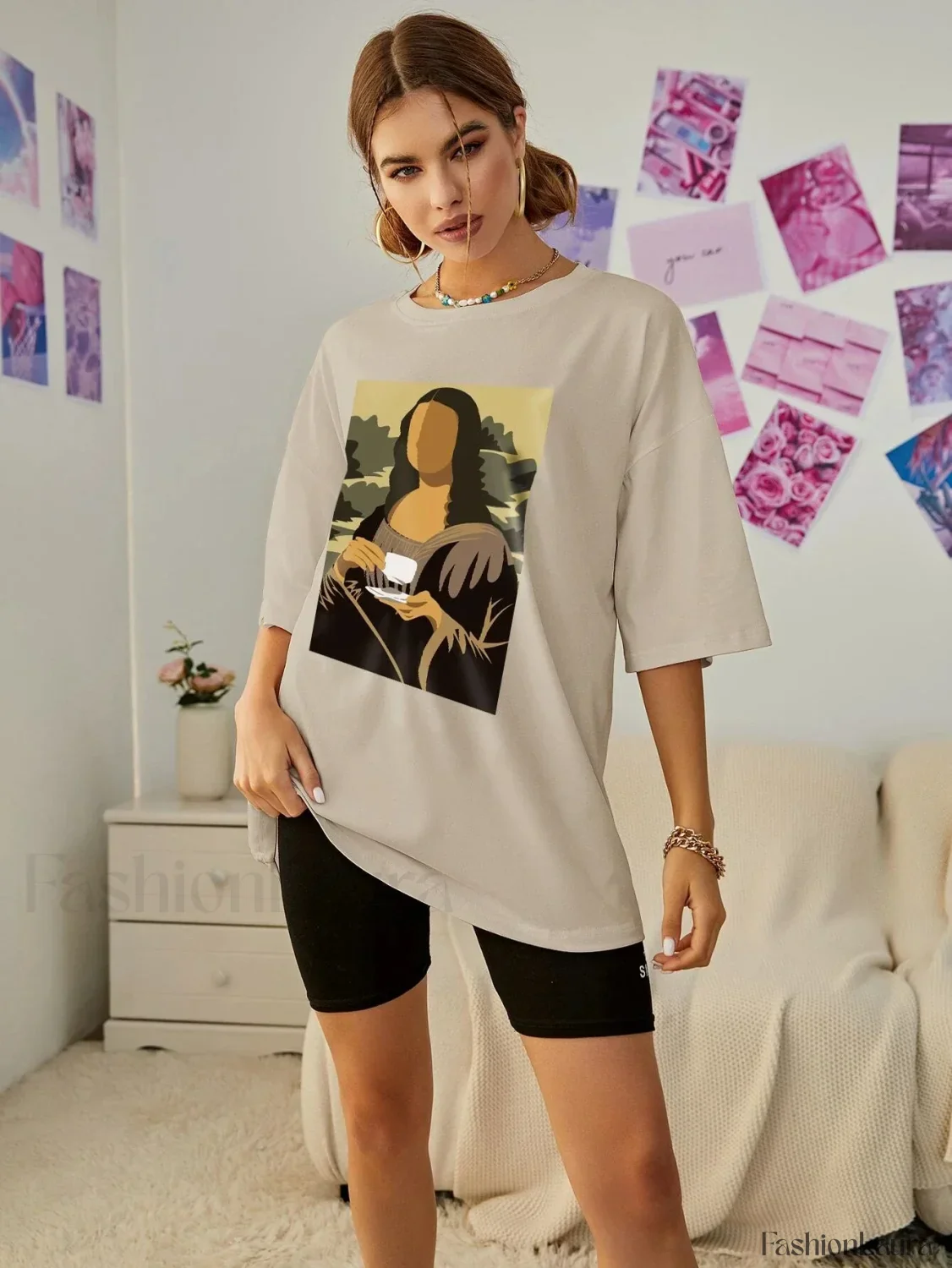 Mona Lisa Drinking Coffee Casual Hip Hop T-Shirt - Image 10