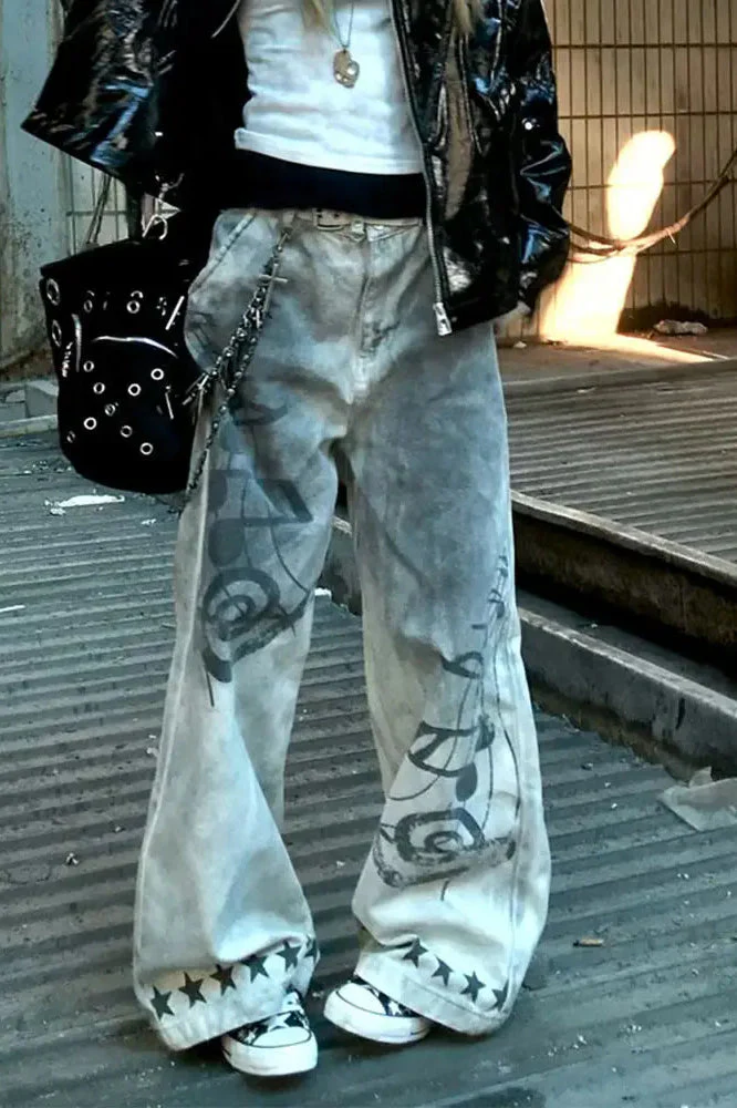 Music Note Print Vintage Jeans - Image 2