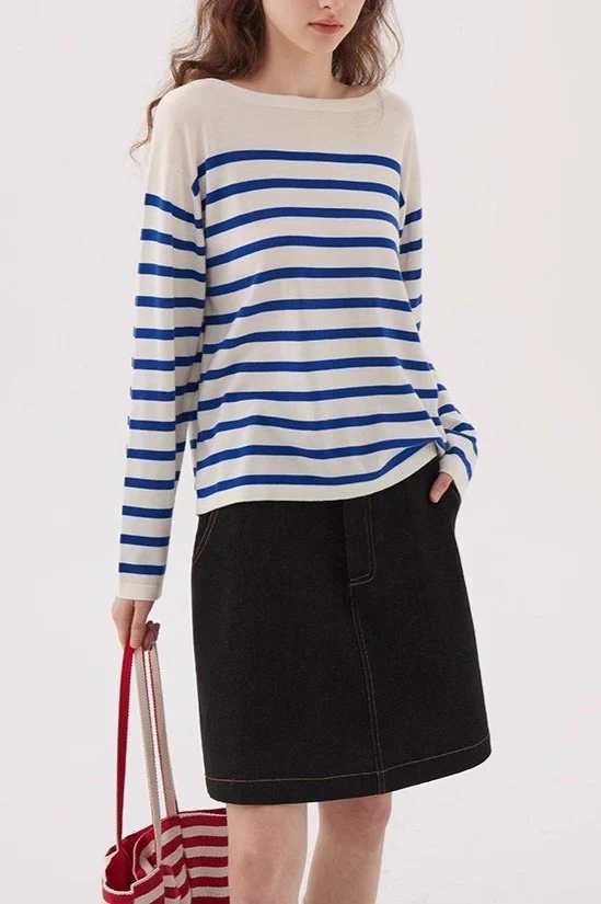 Navy Striped Relaxed Boat Neck Knit Top - Image 2