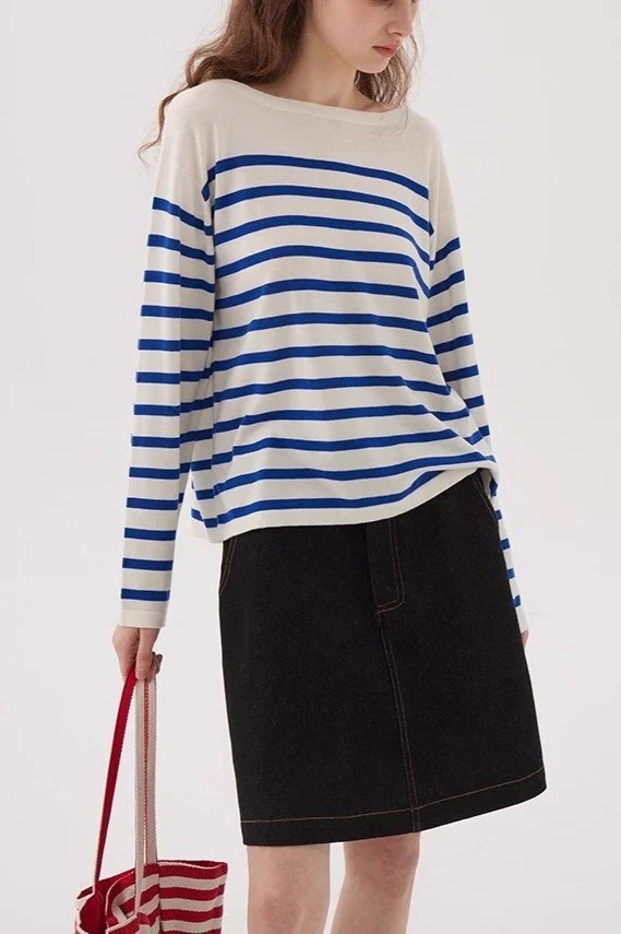 Navy Striped Relaxed Boat Neck Knit Top - Image 3