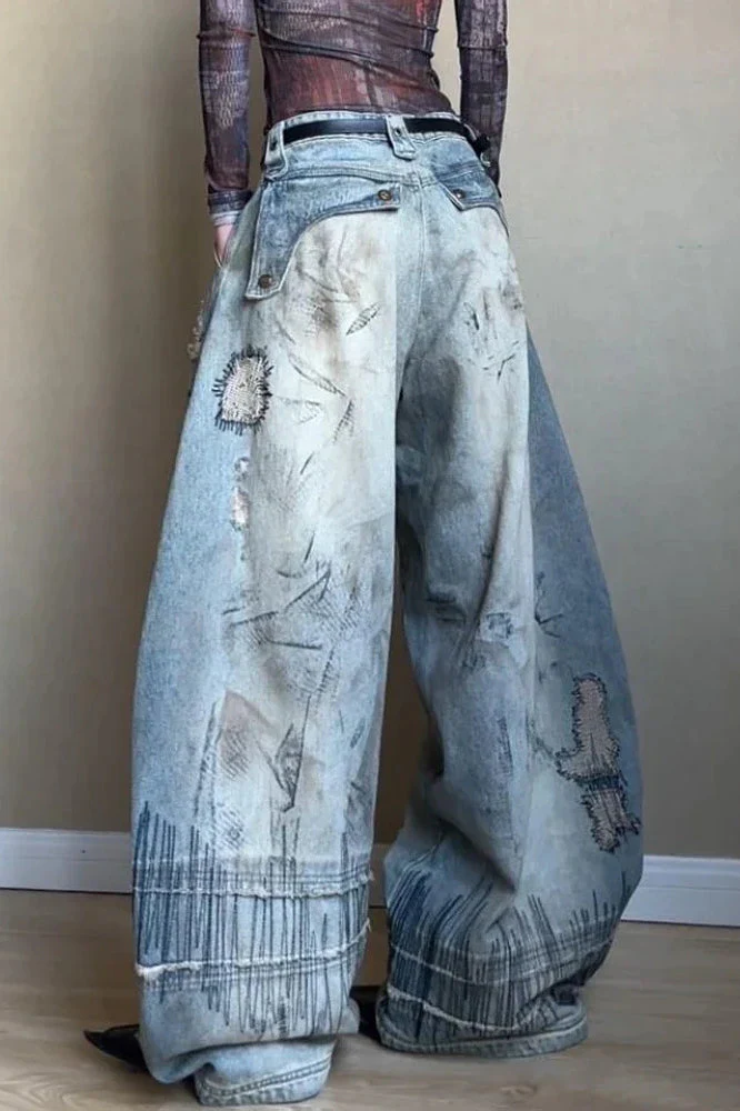 Needle Embroidered Wide Leg Jeans - Image 11
