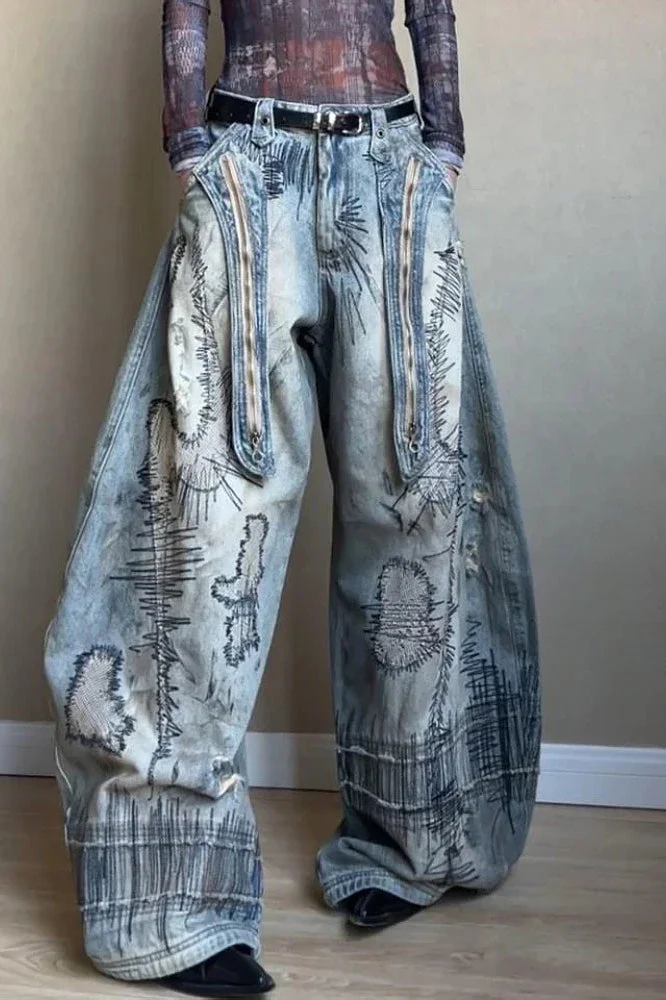 Needle Embroidered Wide Leg Jeans - Image 13