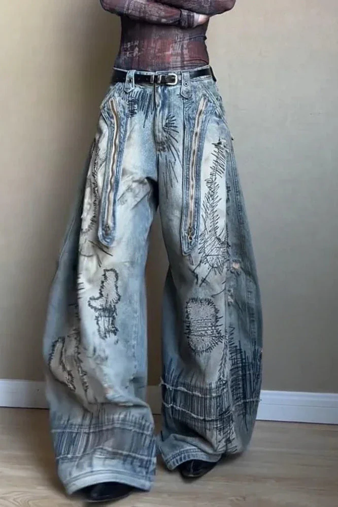 Needle Embroidered Wide Leg Jeans - Image 15