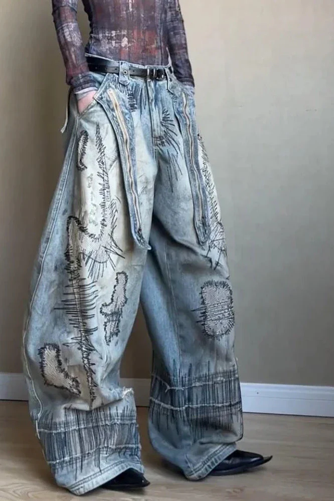 Needle Embroidered Wide Leg Jeans - Image 2