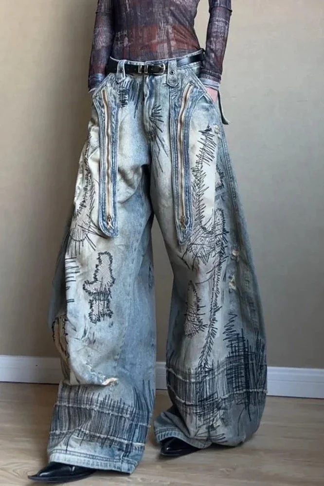 Needle Embroidered Wide Leg Jeans - Image 7