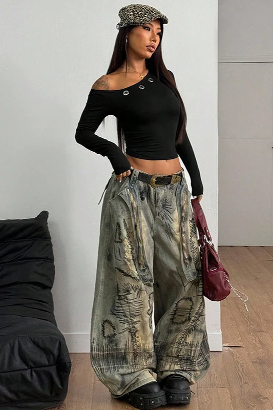 Off Shoulder Asymmetrical Neck Long Sleeve Tee - Image 6