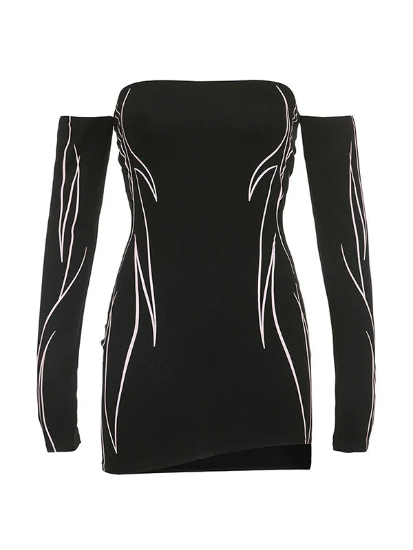 Off Shoulder Black Long Sleeve Mini Dress - Image 11