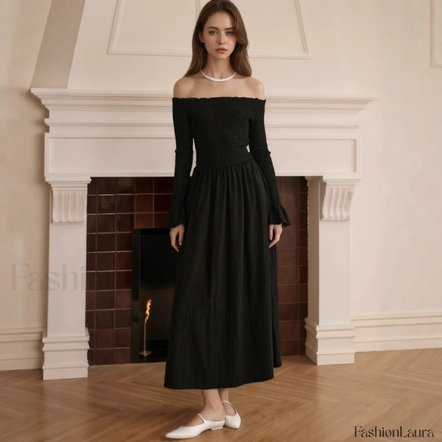 Off Shoulder Curved Horn Sleeve Flared Maxi Dress - Image 14