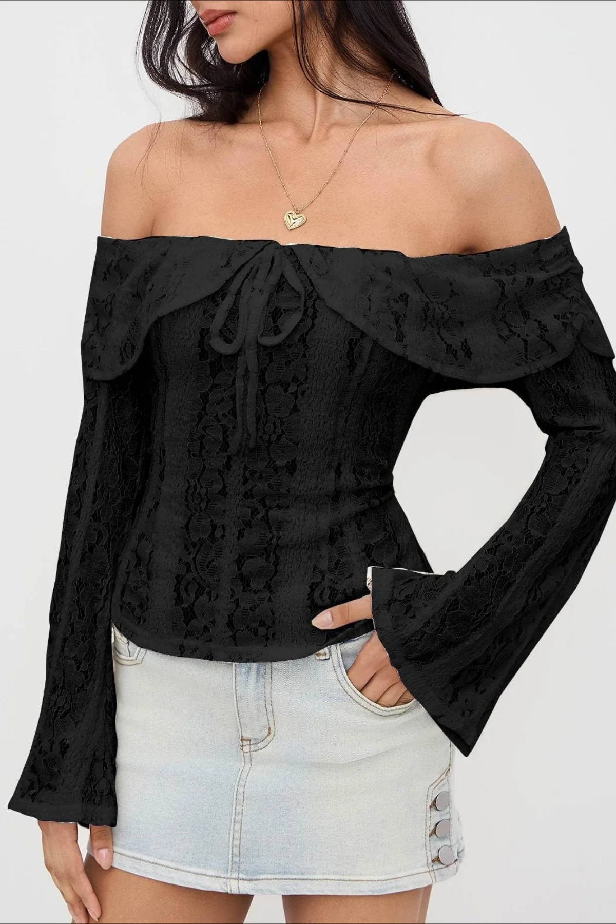 Off Shoulder Lace Patchwork Bodycon Long Sleeve Tee - Image 6