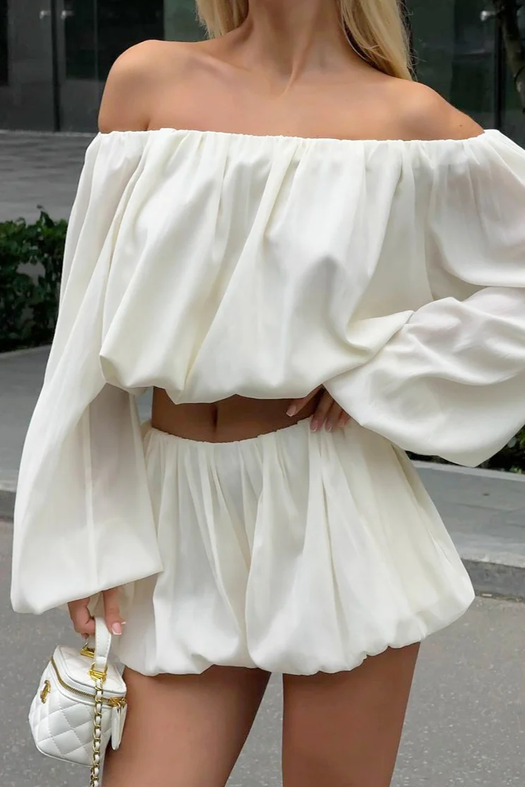 Off Shoulder Long Sleeve Crop Top Bloomers Shorts Set