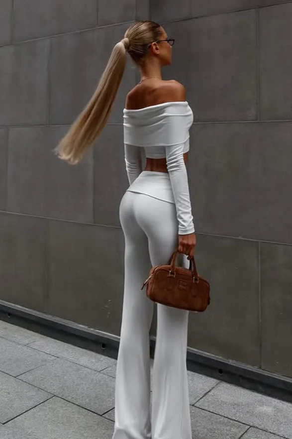 Off Shoulder Long Sleeve Crop Top Pants Set - Image 3