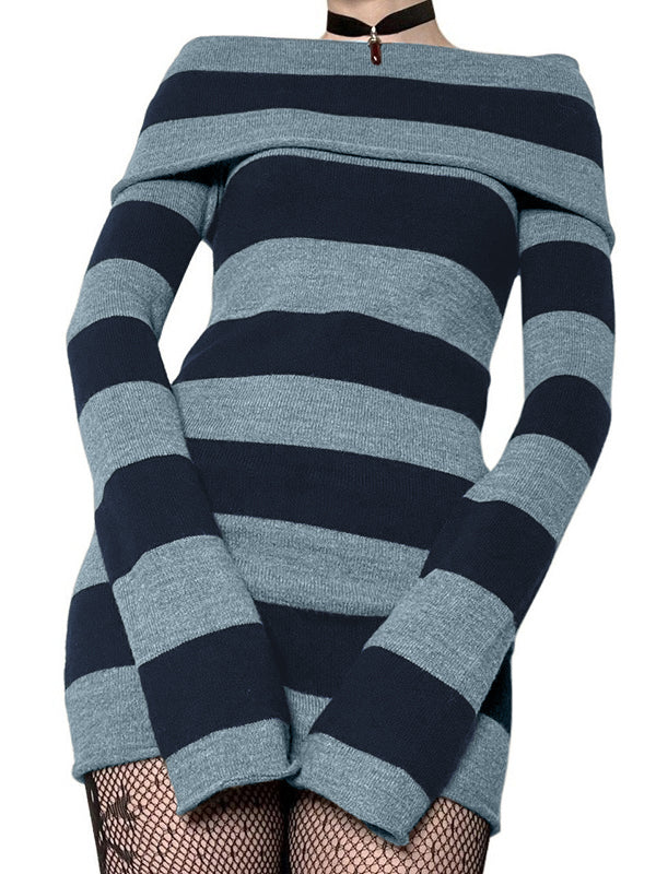Off Shoulder Long Sleeve Striped Knit Mini Dress - Image 10