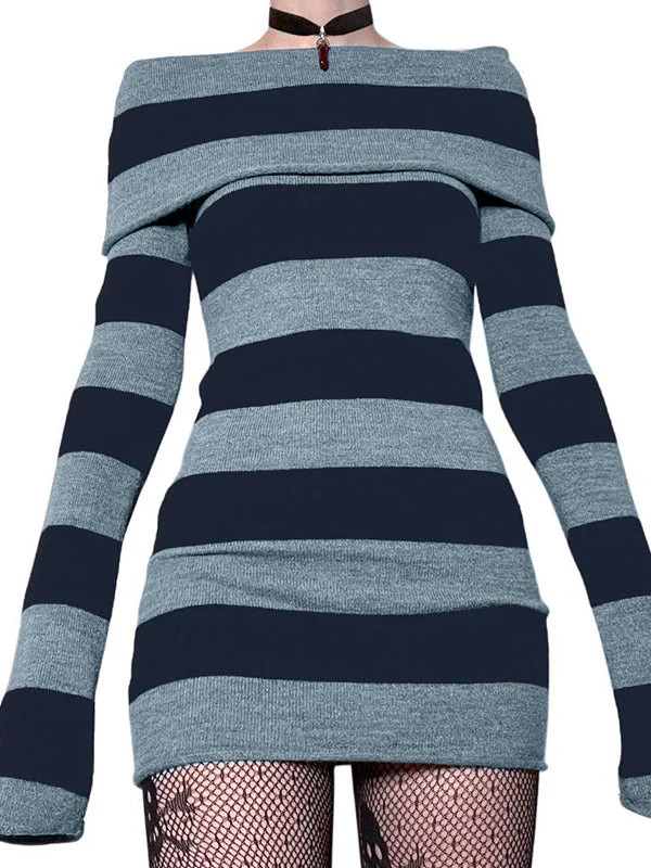Off Shoulder Long Sleeve Striped Knit Mini Dress - Image 11