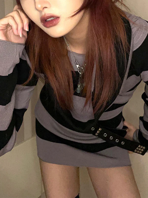 Off Shoulder Long Sleeve Striped Knit Mini Dress - Image 21