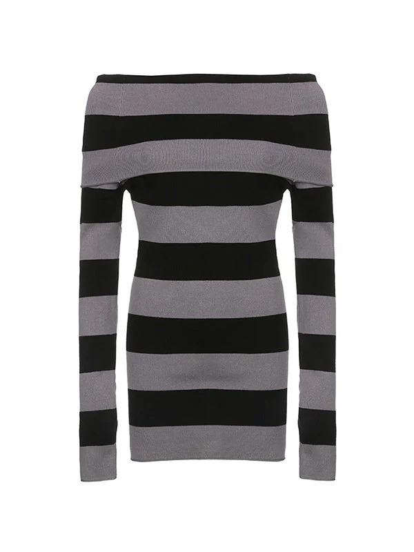 Off Shoulder Long Sleeve Striped Knit Mini Dress - Image 4