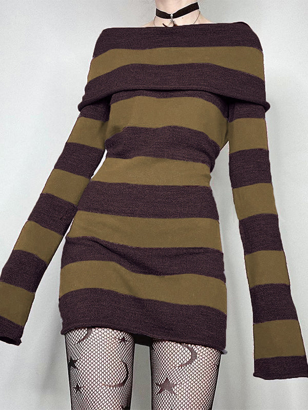 Off Shoulder Long Sleeve Striped Knit Mini Dress - Image 7