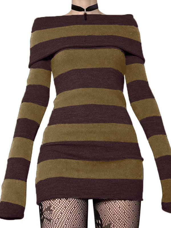 Off Shoulder Long Sleeve Striped Knit Mini Dress - Image 8