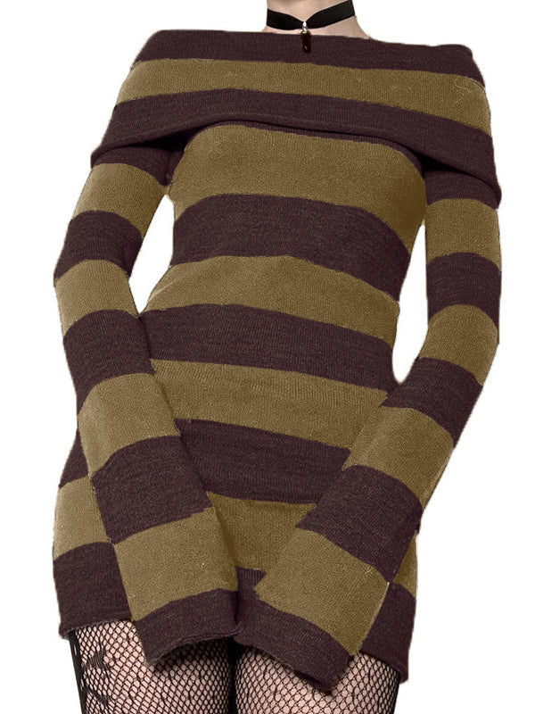 Off Shoulder Long Sleeve Striped Knit Mini Dress - Image 9