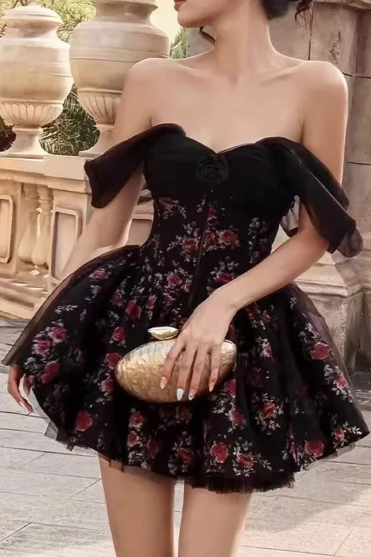 Off Shoulder Mesh Bubble Sleeve Mini Floral Dress - Image 2