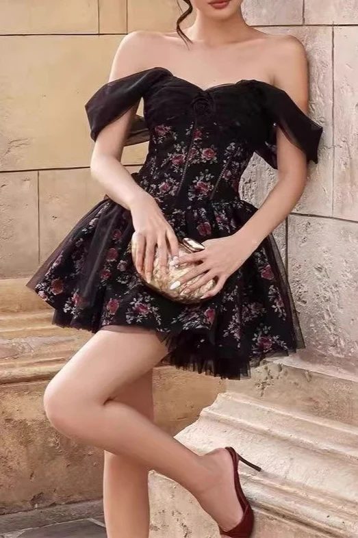 Off Shoulder Mesh Bubble Sleeve Mini Floral Dress - Image 3