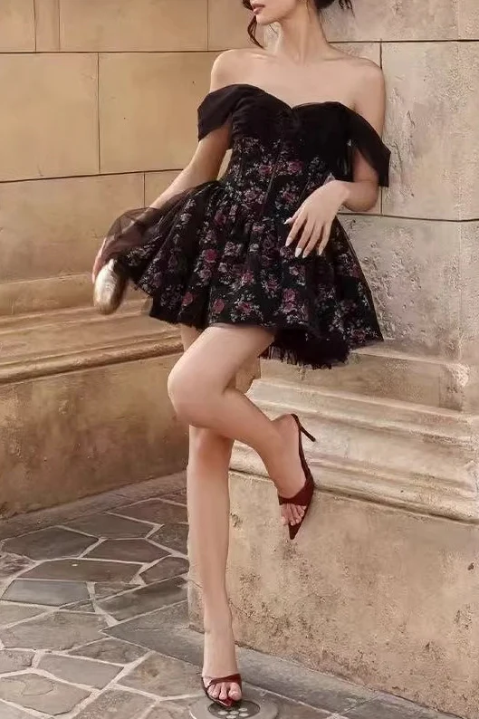 Off Shoulder Mesh Bubble Sleeve Mini Floral Dress - Image 4