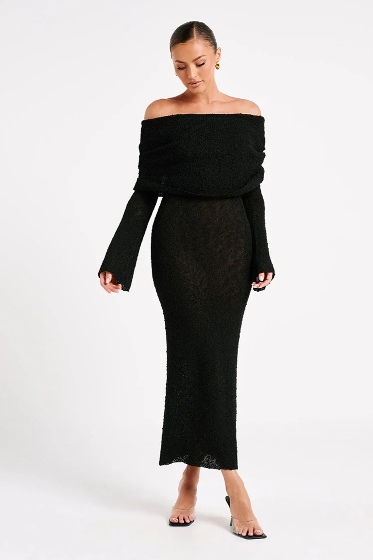 Off Shoulder One Shoulder Knit Sweater Dress - Image 14