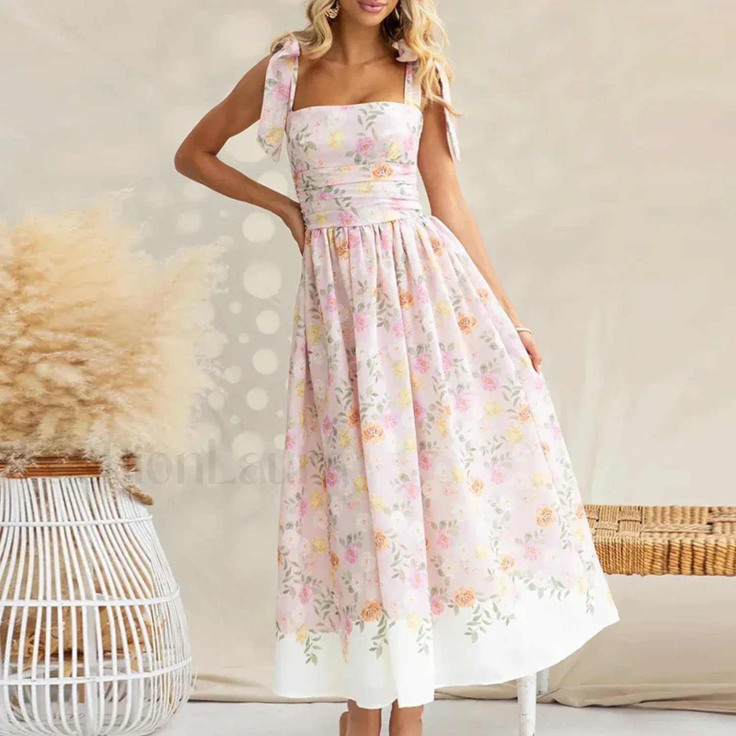 Off-Shoulder Pleated Floral Dress - Image 5
